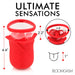Red silicone flower-shaped personal massager with clear suction cup, measuring 4.4 inches tall and 2.8 by 2.2 inches opening.