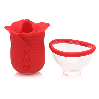 Red silicone flower-shaped vibrator with removable clear suction cup attachment and control buttons on the side.