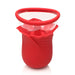Red silicone flower-shaped adult toy with clear suction cup and textured petals.