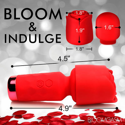 Red petite rose-shaped wand vibrator with detachable textured rose sleeve and size measurements displayed.