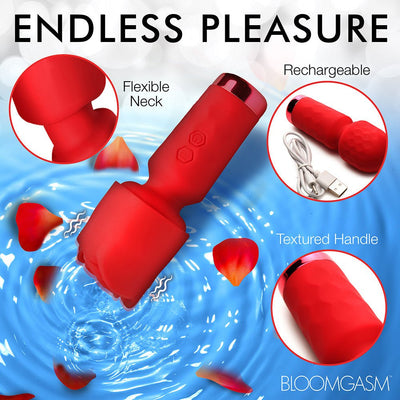 Red Bloomgasm Pleasure Rose Petite vibrator with flexible neck, textured handle, and USB rechargeable feature on a water ripple background.