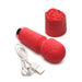 Red petite wand vibrator with textured rose sleeve and USB charging cable on white background.