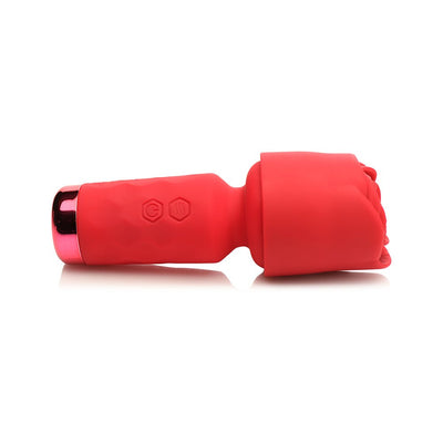 Compact red silicone rose-shaped wand vibrator with textured rose sleeve and ergonomic handle.