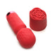Red petite wand vibrator with textured head and detachable rose-shaped silicone sleeve on white background.