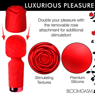 Red Bloomgasm Pleasure Rose Petite wand with removable textured rose silicone sleeve for added stimulation and premium smooth silicone material.
