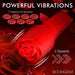 Red rose-shaped vibrator with 7 vibration patterns and 3 speed settings on a background of red rose petals.