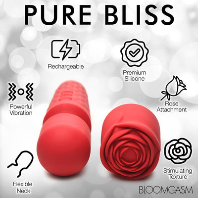 Red Bloomgasm Pleasure Rose Wand showing flexible neck and rose-shaped silicone attachment with key features icons.