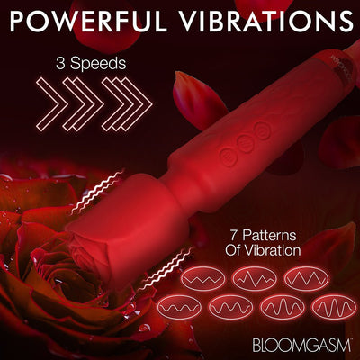 Red Bloomgasm Pleasure Rose Wand with rose-shaped head, highlighting 3 speeds and 7 vibration patterns over a dark rose background.