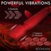 Red Bloomgasm Pleasure Rose Wand with rose-shaped head, highlighting 3 speeds and 7 vibration patterns over a dark rose background.