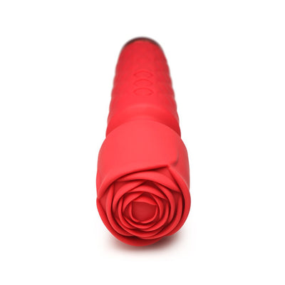 Red silicone pleasure wand with flexible neck and rose-shaped attachment on head, shown on white background.