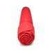 Red silicone pleasure wand with flexible neck and rose-shaped attachment on head, shown on white background.