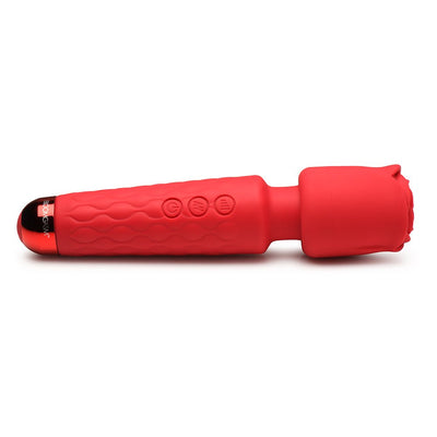 Red silicone pleasure wand with rose-shaped head attachment and textured handle with control buttons.