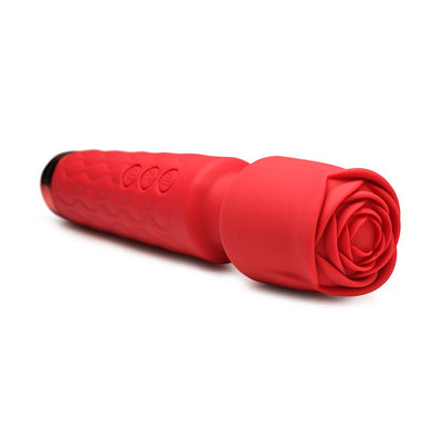 Red silicone pleasure wand with flexible neck and rose-shaped attachment on the head, featuring control buttons on the handle.