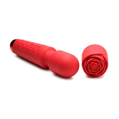 Red silicone massage wand with a detachable rose-shaped attachment, shown on a white background.