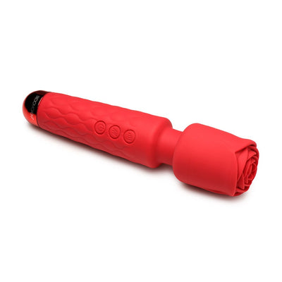 Red silicone wand vibrator with rose-shaped head attachment and textured handle on white background.