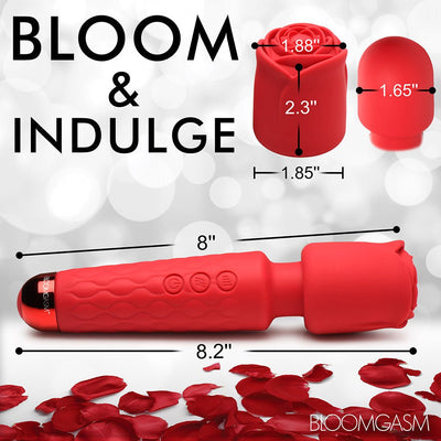 Red Bloomgasm Pleasure Rose Wand with flexible neck and rose attachment, detailed with size measurements and scattered rose petals.