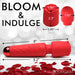 Red Bloomgasm Pleasure Rose Wand with flexible neck and rose attachment, detailed with size measurements and scattered rose petals.