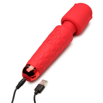 Red Bloomgasm Pleasure Rose Wand with textured handle and USB charging cable on white background.