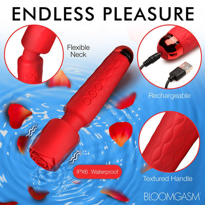 Red Bloomgasm Pleasure Rose Wand with flexible neck, textured handle, and USB rechargeable, shown with rose petals and water splash.