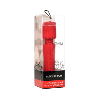 Red silicone Bloomgasm Pleasure Rose Wand with rose attachment in clear retail packaging.