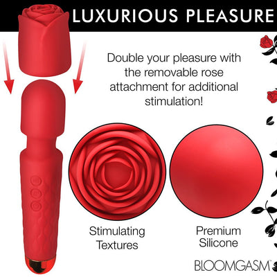Red Bloomgasm Pleasure Rose Wand with removable rose attachment, showing textured petals and smooth premium silicone surface.
