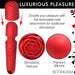 Red Bloomgasm Pleasure Rose Wand with removable rose attachment, showing textured petals and smooth premium silicone surface.