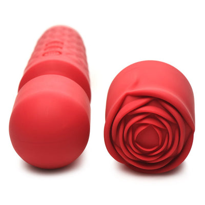 Red silicone pleasure wand with a detachable rose-shaped attachment for enhanced stimulation and comfort.
