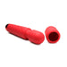 Red silicone wand massager with flexible head and removable rose-shaped attachment on white background.