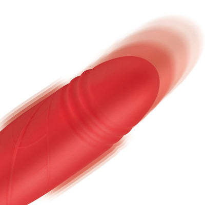 Close-up of the red Bloomgasm Romping Rose vibrator tip with smooth silicone texture and subtle ridges.