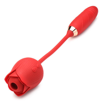 Red rose-shaped vibrator with a flexible stem and textured ergonomic handle, designed for dual stimulation.