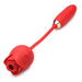Red rose-shaped vibrator with a flexible stem and textured ergonomic handle, designed for dual stimulation.