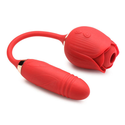 Red silicone rose-shaped vibrator with attached smooth egg and control buttons on the petals, designed for dual stimulation.
