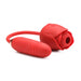 Red silicone rose-shaped vibrator with attached egg-shaped thruster on white background.