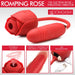 Red silicone Romping Rose vibrator with suction rose and thrusting egg, USB rechargeable and featuring multiple speeds and patterns.