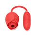 Red rose-shaped vibrator with attached smooth egg-shaped thruster, made of soft silicone with a flexible connecting cord.