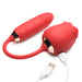 Red rose-shaped vibrator with attached thrusting egg and USB charging cable on white background.
