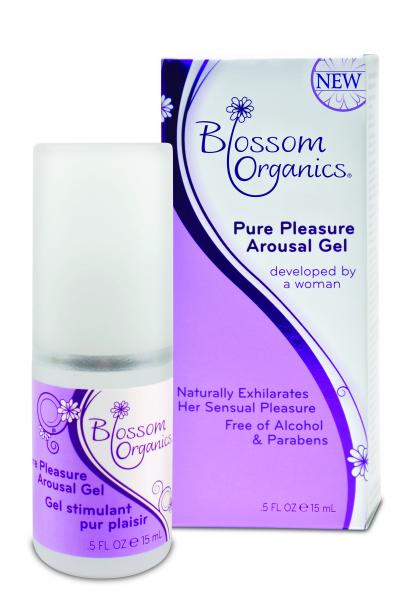 Blossom Organics Pure Pleasure Arousal Gel bottle and box with purple and white packaging, highlighting natural and alcohol-free formula.