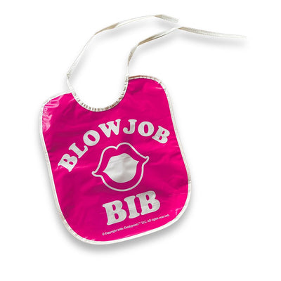 Bright pink bib with white lips graphic and "BLOWJOB BIB" text, featuring adjustable white neck tie straps.