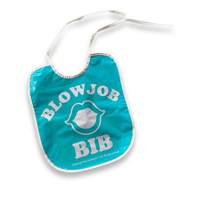 Teal waterproof bib with white trim and neck ties, featuring bold white text and lip graphic for playful party use.