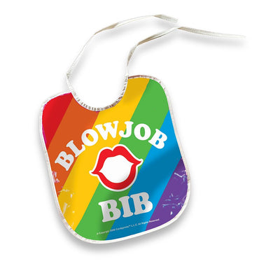 Colorful rainbow striped bib with white text and red lips graphic, featuring adjustable neck ties for a playful party accessory.