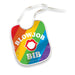 Colorful rainbow striped bib with white text and red lips graphic, featuring adjustable neck ties for a playful party accessory.
