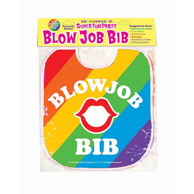Colorful rainbow striped party bib with red lips graphic and bold white text reading Blow Job Bib in packaging.