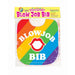 Colorful rainbow striped party bib with red lips graphic and bold white text reading Blow Job Bib in packaging.