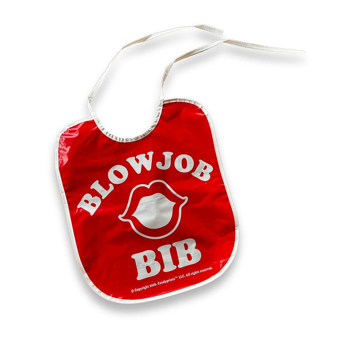 Red novelty party bib with white text and lip graphic, designed as a humorous gag gift for bachelorette parties.