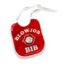 Red novelty party bib with white text and lip graphic, designed as a humorous gag gift for bachelorette parties.