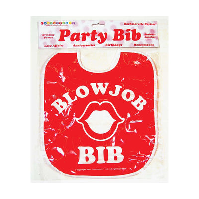 Red novelty party bib with white lips graphic and bold "Blow Job Bib" text, packaged for bachelorette parties and celebrations.