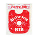 Red novelty party bib with white lips graphic and bold "Blow Job Bib" text, packaged for bachelorette parties and celebrations.