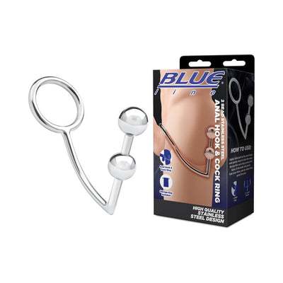 Blue Line 2 bead stainless steel anal hook and 45mm cock ring with packaging showing usage instructions.