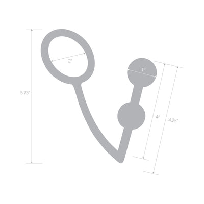 Diagram of Blue Line 2 Bead Stainless Steel Anal Hook and 45mm Cock Ring with measurements in inches.