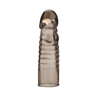 Smoke-colored 6-inch ribbed realistic penis enhancing sleeve extension with a smooth rounded tip.